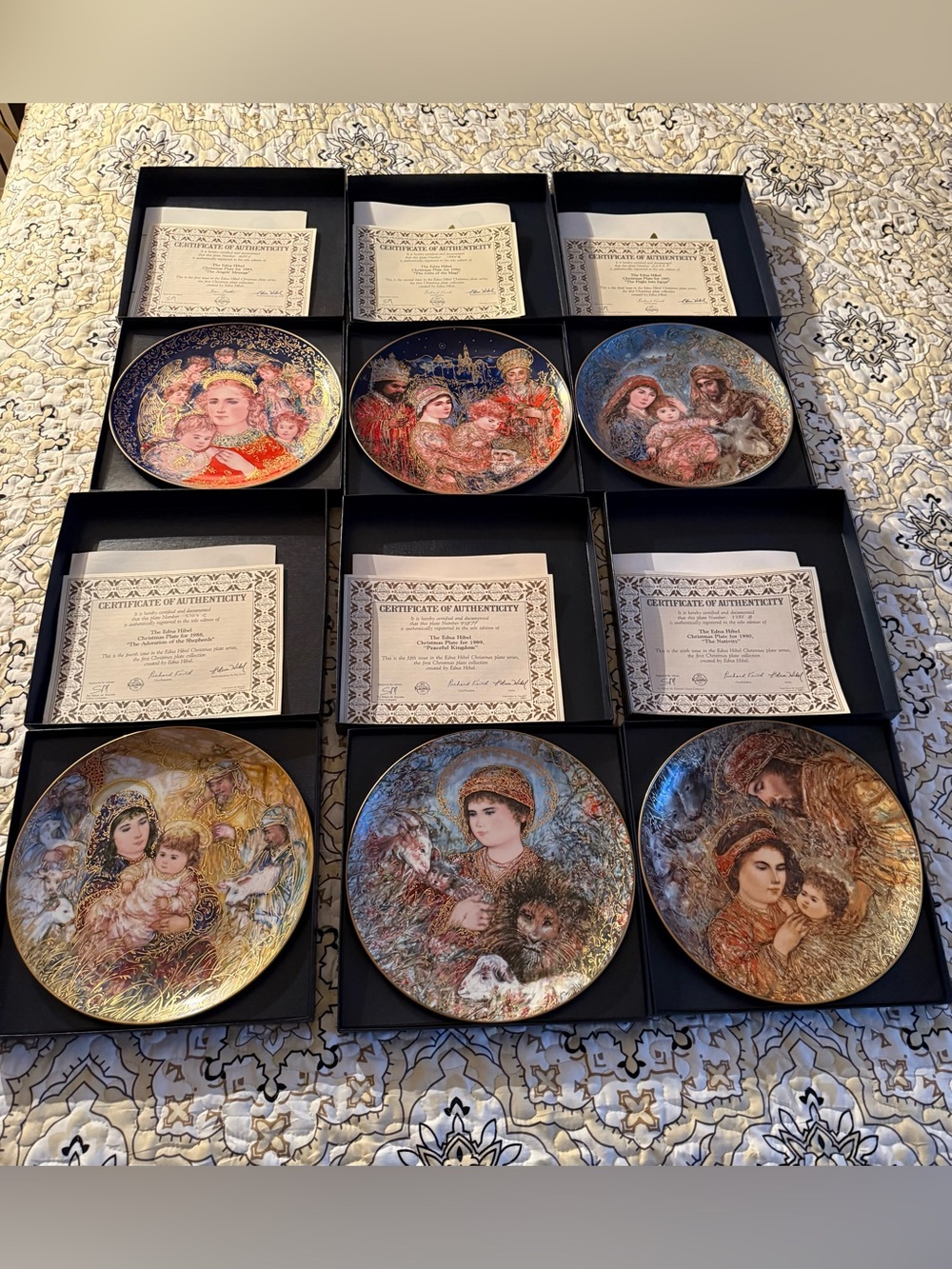 Edna Hibel Christmas Plates with COA NIB Set of 6 never displayed mint